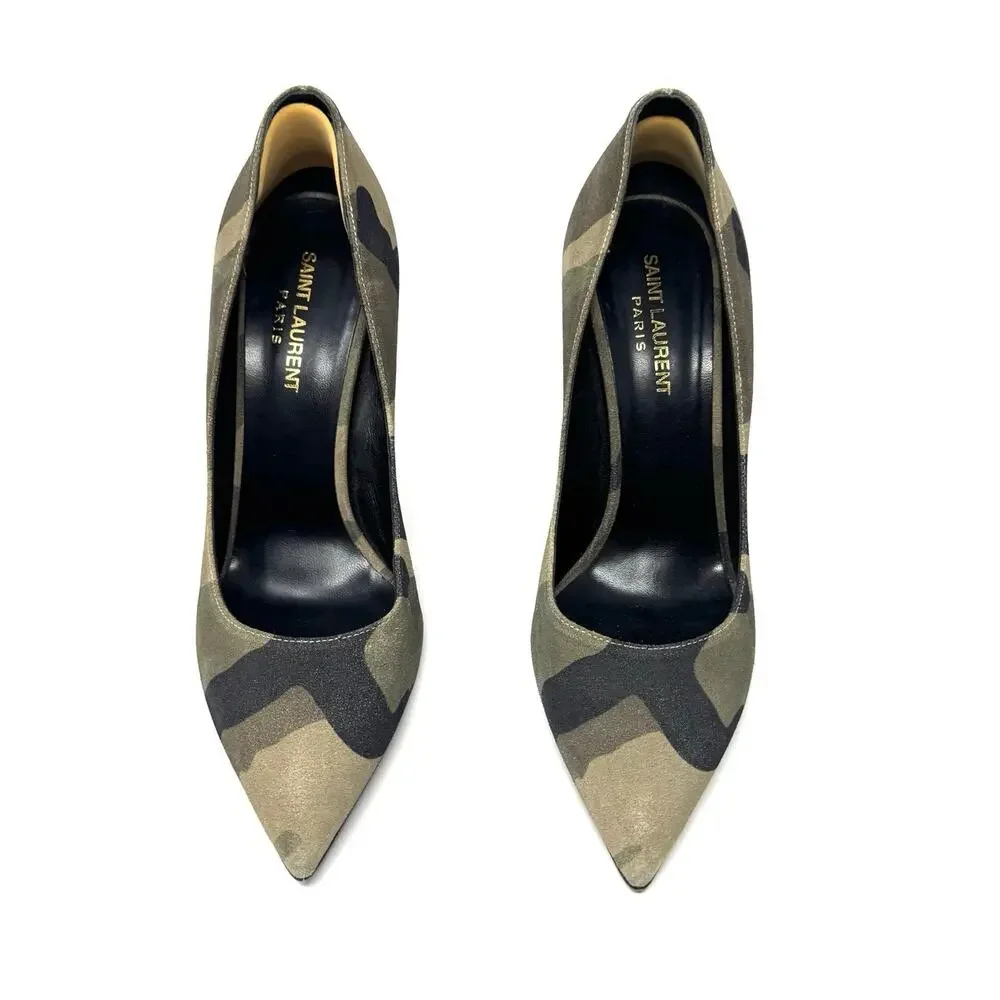 Saint Laurent Camouflage Khaki Suede Pumps Heels Sz 37.5 Pointed Toe Stiletto - Picture 2 of 13